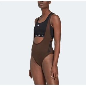 Adidas Women's Sz L Brown Train Icons 3 Stripes One Piece Brown Leotard Suit $80